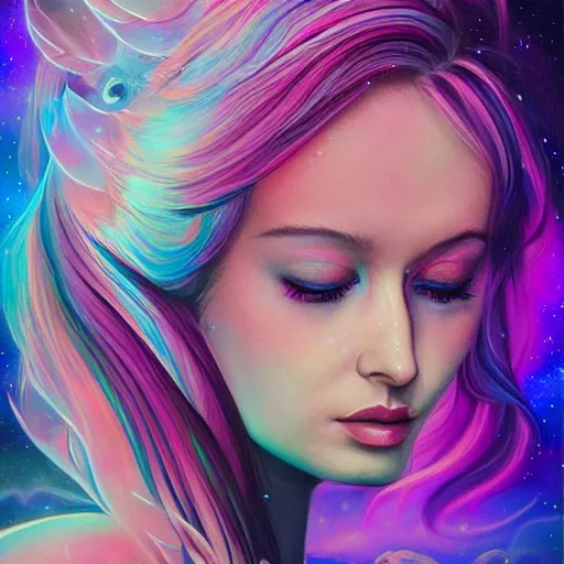 Prompt: a galaxy pink purple and blue colored psychedelic ethereal portrait of kim petras with her eyes closed transcending to a higher plane of existence, eternal blessing, multiverse, by android jones, by ben ridgeway, visionary art, by artgerm, featured on artstation, cgsociety, by greg rutkowski