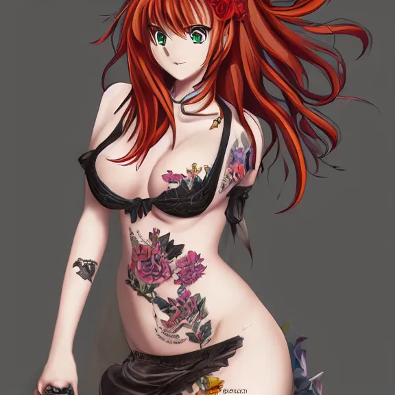 Image similar to christina rene hendricks as ahighschool dxd character, body covered in floral tattoos, d & d, fantasy, highly detailed, digital art, trending on artstation, smooth, sharp focus, illustration, art by peter tang and artgem