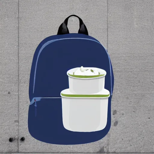 Prompt: a backpack full of yoghurt