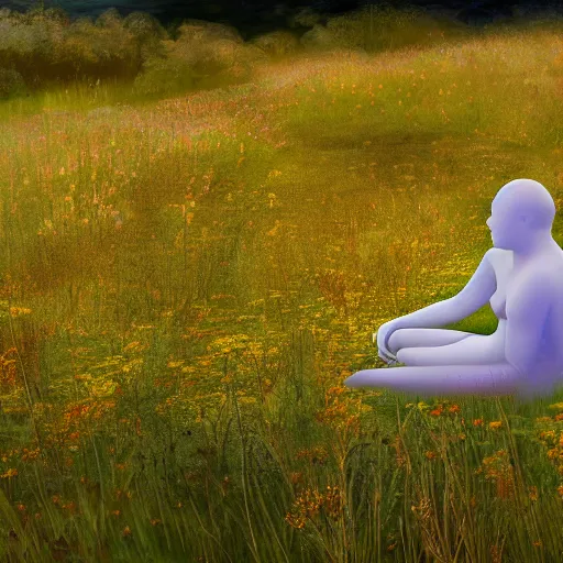 Prompt: a faceless human made of translucent glass sits within a wildflower meadow at sunset, in the style of alma tadema, 4k, 8k, hyperrealist