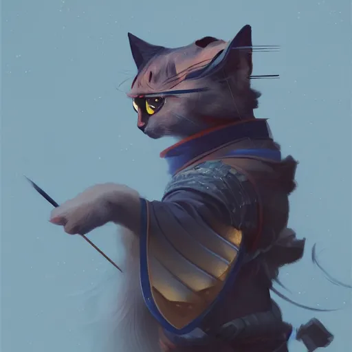 Image similar to cat as a samurai, background dark, highly detailed, digital illustration, trending in artstation, modern painting, smooth, sharp focus, intricate, by peter mohrbacher