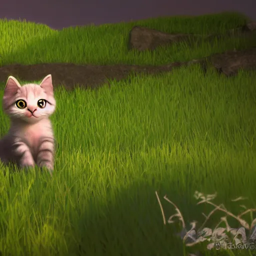 Image similar to ! dream a wholesome animation key shot of a kitten on a hill, simetrical medium shot, studio ghibli, pixar and disney animation, sharp, rendered in unreal engine 5, anime key art, bloom, dramatic lighting