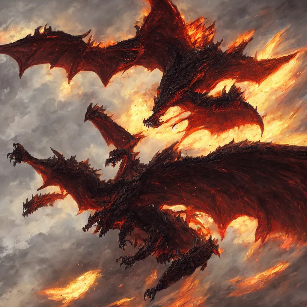 Prompt: oil painting of deathwing dragon flying down on earth by greg rutkowski