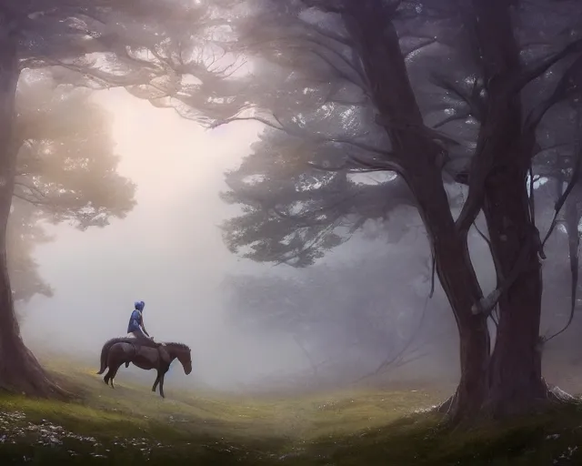 Prompt: a hooded adventurer on a horse. Hillside, mist, fog, trees, path, atmospheric lighting, adventurous, new beginnings, journey. By Makoto Shinkai, Stanley Artgerm Lau, WLOP, Rossdraws, James Jean, Andrei Riabovitchev, Marc Simonetti, krenz cushart, Sakimichan, trending on ArtStation, digital art.