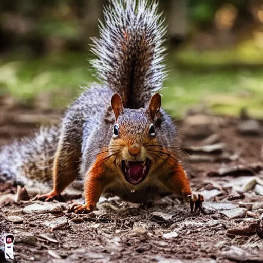 Prompt: ultra detailed photo of man screaming thrashing on the ground while a squirrel crawls out of a gaping hole in his chest