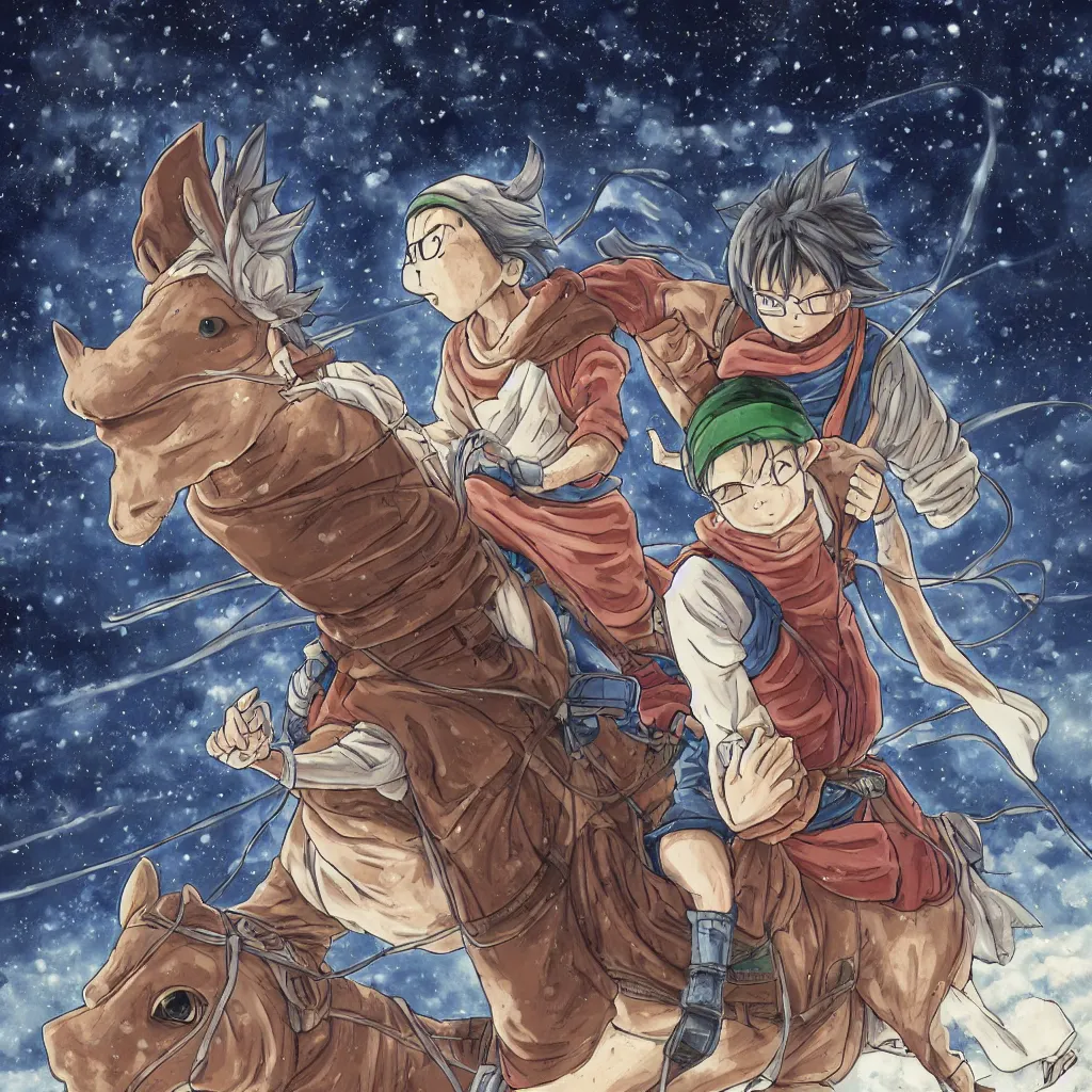 Image similar to akira toriyama, in the styles of, digital art,, high resolution, anime,, man with hoodie ridding a horse at night moody forrest