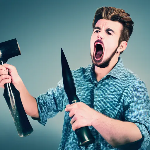 Prompt: a photo of a discord moderator holding a big hammer and looking angrily at a screen