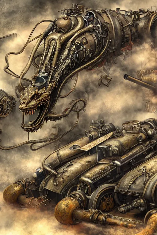 Prompt: hyper realistic dragon lying down with steam punk tanks and tubes and breathing apparatus on its back, white background, full frame, art byjon foster