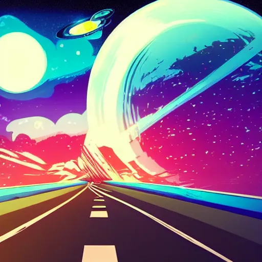 Prompt: 1960s car on a road in space driving towards a planet, synthwave