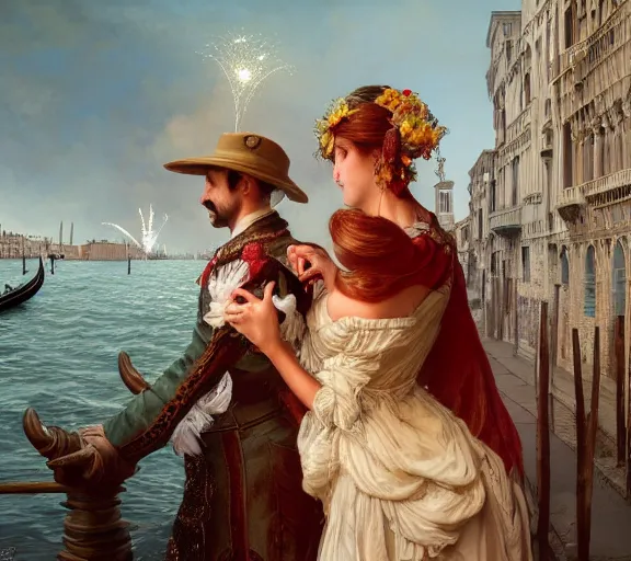 Image similar to photography of a 1 8 th couple in venice with fireworks, deep focus, intricate, elegant, highly detailed, digital painting, artstation, concept art, matte, sharp focus, illustration, art by artgerm and greg rutkowski and alphonse mucha and gil elvgren