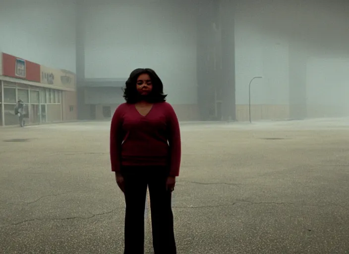 Image similar to cinematic screenshot high wide angle shot of octavia spencer standing outside in a foggy desolate eerie department store empty parking lot, one car, paranoia everywhere, scene from the tense psychological thriller film directed by spike jonze, volumetric hazy lighting, anamorphic lens, moody cinematography, 3 5 mm kodak color ektochrome