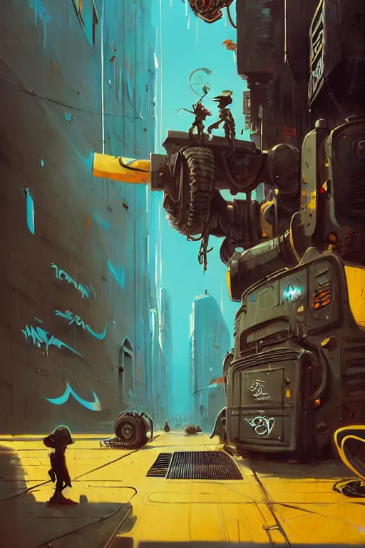 Prompt: matte painting of warped extreme 3 d calligraphy robot graffiti tag mural maximalism by atey ghailan, by greg rutkowski, by greg tocchini, by james gilliard, by joe fenton, yellow, brown, black and cyan color scheme, octane render