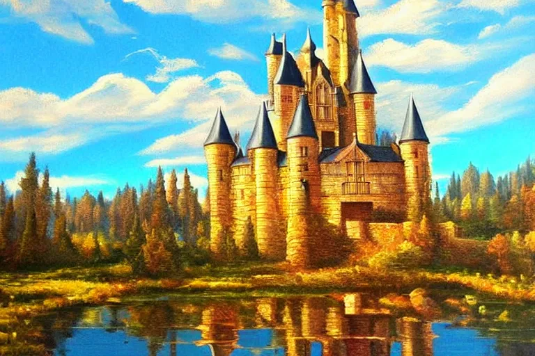 Image similar to castle, fantasy, painting, chrome, reflect, ultra realistic!!!, clear weather, golden hour, sharp focus