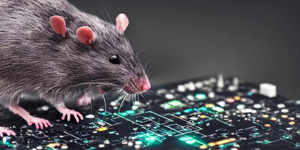 Prompt: a old photograph of a biohacked rat with leds, button potenciometers, display, circuit board, arduino, diy, biohacking, ultra detailed, hyper realism, japanese horror movie footage, 8 k, chromatic aberration, dof