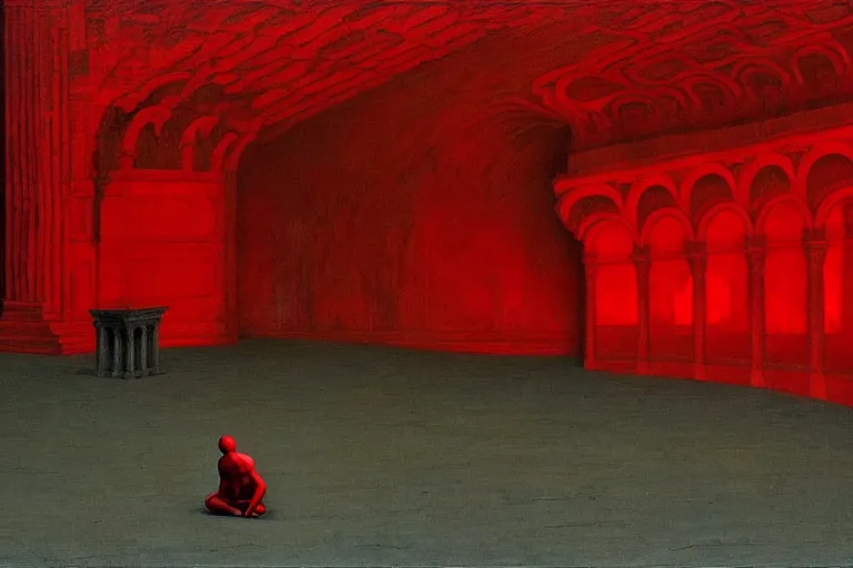 Image similar to only with red, a red melted emperor, taormina amphitheatre, crowd hails him, in the style of beksinski, parts by edward hopper, parts by rodcenko, parts by yue minjun, intricate and epic composition, red by caravaggio, insanely quality, highly detailed, masterpiece, red light, artstation, 4 k