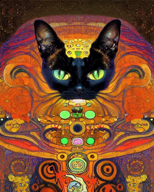 Prompt: demonic cat portrait an oil painting splashes with many colors and shapes by gustav klimt greg rutkowski and alphonse mucha, polycount, generative art, psychedelic, fractalism, glitch art