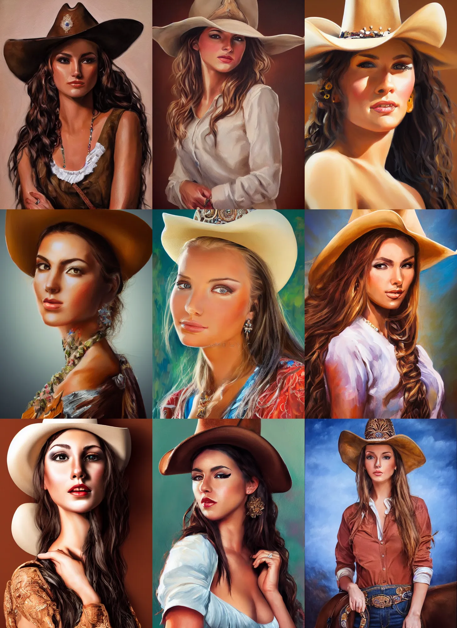 Prompt: full body oil painting of a cowgirl beautiful face, elegant pose, detailed and intricate clothing, soft lighting and focus