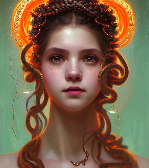 Image similar to portrait of teenage medusa, snake hair, naughty smile, wearing an embroidered orange tunic, intricate, elegant, copper and emerald jewelry, glowing lights, highly detailed, digital painting, artstation, concept art, smooth, sharp focus, illustration, art by wlop, mucha, artgerm, and greg rutkowski