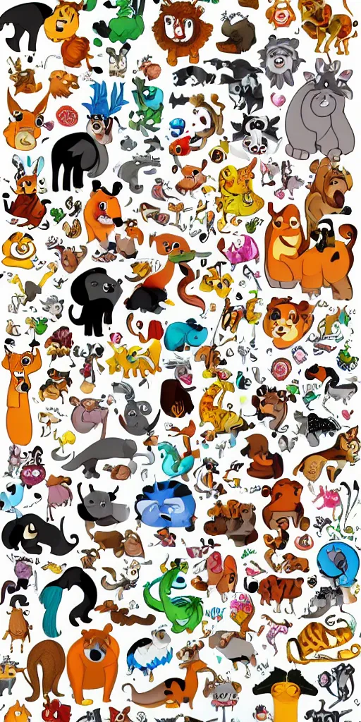 Prompt: lots of different cartoon animals in lots of different styles