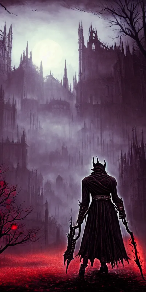 Image similar to populated bloodborne old valley with a dark person at the centre and a ruined gothic city in the background, trees and stars in the background, falling red petals, epic red - orange moonlight, perfect lightning, wallpaper illustration by niko delort and kentaro miura, 4 k, ultra realistic