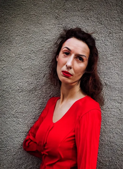 Prompt: color Close-up portrait of a beautiful 35-year-old Italian woman, wearing a red outfit, candid street portrait in the style of Martin Schoeller award winning, Sony a7R