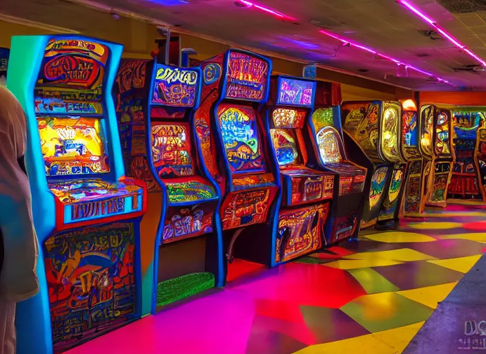 Prompt: interior shot of a large 8 0's arcade, 8 k, highly detailed, dimly lit