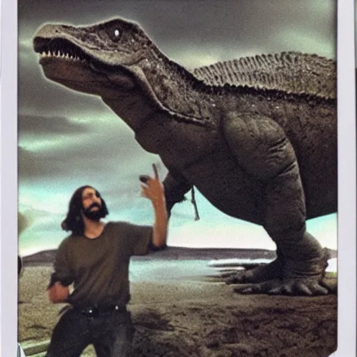 Image similar to a Polaroid of jesus riding a dinosaur