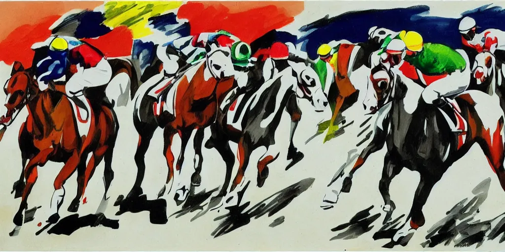 Image similar to horse race, black and white with color highlights, italian futurism style