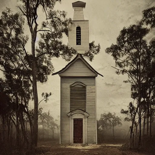 Image similar to picture of an old wooden white church, 1 9 th century southern gothic scene, made by zhang kechun