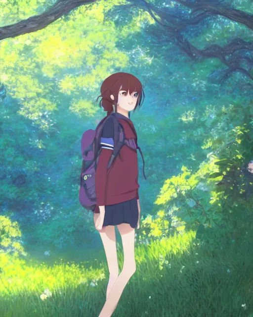 Prompt: a full shot of a teenage girl on a hike, moe, kawaii, pretty, lovely, detailed face, digital art by makoto shinkai and claude monet