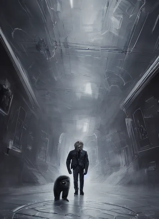 Image similar to ultra realist and ultra intricate detailed soft painting of a metal Putin fighting Boris Johnson in a futuristic hallway, sensual gloomy style, volumetric clouds, artstation, unreal render, depth of field