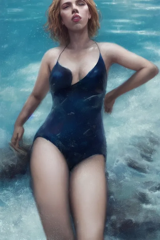 Image similar to a fancy portrait of Scarlett Johansson in a swimsuit by Greg Rutkowski, Sung Choi, Mitchell Mohrhauser, Maciej Kuciara, Johnson Ting, Maxim Verehin, Peter Konig, final fantasy , mythical, 8k photorealistic, cinematic lighting, HD, high details, atmospheric,