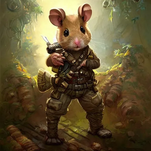 Image similar to cute little anthropomorphic Hamster Soldier, ultra wide lens shot , tiny, small, Jungle camouflage, short, cute and adorable, pretty, beautiful, DnD character art portrait, matte fantasy painting, DeviantArt Artstation, by Jason Felix by Steve Argyle by Tyler Jacobson by Peter Mohrbacher, cinematic lighting