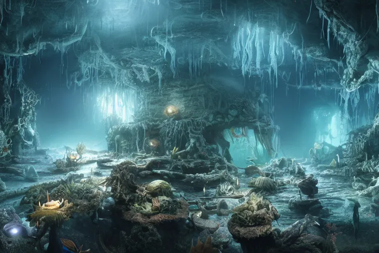 Image similar to eerie mermaid colony in depth dark mariana trench bottom, hyper realistic, ambient lighting, concept art, intricate, hyper detailed, smooth, dynamic volumetric lighting, octane, raytrace, cinematic, high quality, high resolution, 4 k, cgsociety, rutkowski, gurney