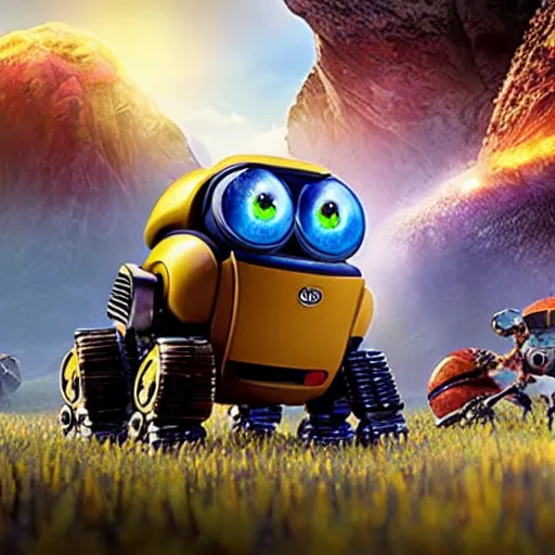 Image similar to promotional movie still, ladybugs, ladybug quadruped with big rgb eyes, ladybug hobbits, ladybug robots, space western, the fellowship of the ring ( film ), wall - e ( film )