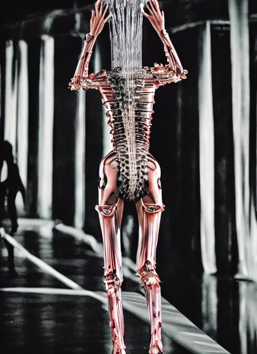 Image similar to walking down the catwalk, steven klein, ben watts, show, stage, vogue photo, podium, fashion show photo, iris van herpen, beautiful woman, perfect body, full body shot, helmet on face, masterpiece, guyver, jellyfish, biomechanical details, movie still, fauvism, cinestill, bokeh, gelios lens