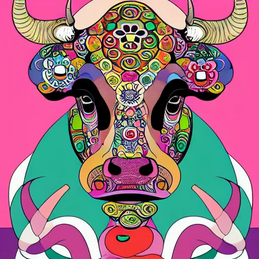 Prompt: a painting of a bull's head on a pink background, poster art by takashi murakami, behance contest winner, psychedelic art, psychedelic, poster art, concert poster