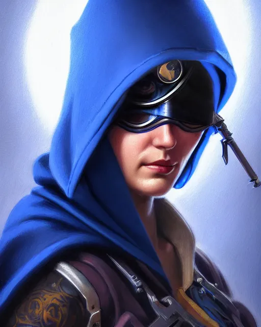 Image similar to ana from overwatch, blue hooded cloak, eye patch, older woman, character portrait, portrait, close up, highly detailed, intricate detail, amazing detail, sharp focus, vintage fantasy art, vintage sci - fi art, radiant light, caustics, by boris vallejo