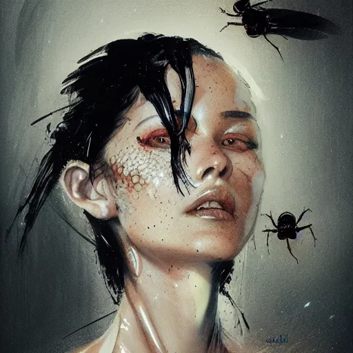 Prompt: portrait of a woman with black hair and insects coming out of her skin, trypophobia dramatic lighting, illustration by Greg rutkowski, yoji shinkawa, 4k, digital art, concept art, trending on artstation