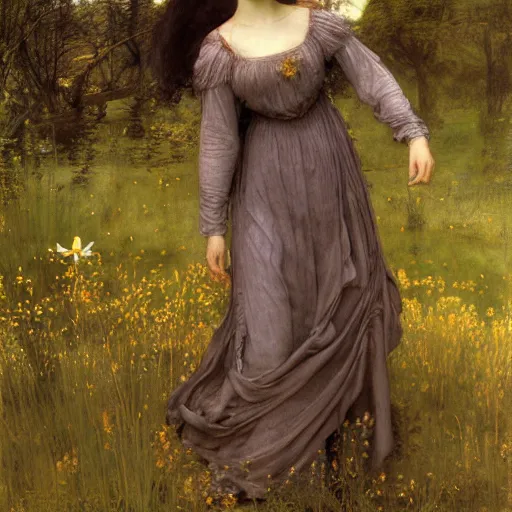 Prompt: beautiful pre - raphaelite woman, flower halo, flowing gown with empire waist in a wildflower meadow, floating leaves, fairys and flower petals in background, painterly, briar patch, thorns, dreamy, painted by jeremy mann, edward burne - jones, and john everett millais, alma tadema, ethereal, stunning, god rays, detailed