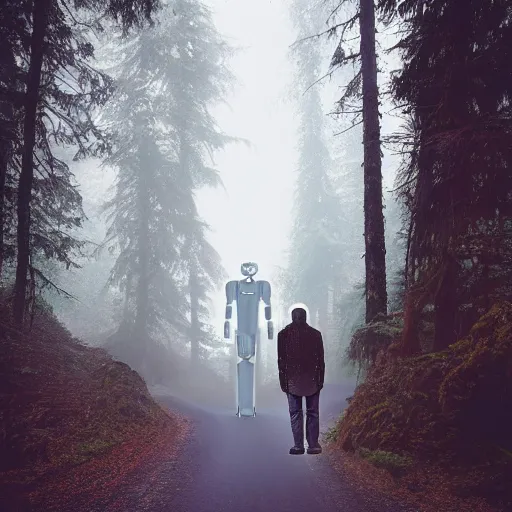 Prompt: Humanoid robot, sleek robot, advanced robot, walking through misty forest, Pacific Northwest, Polaroid