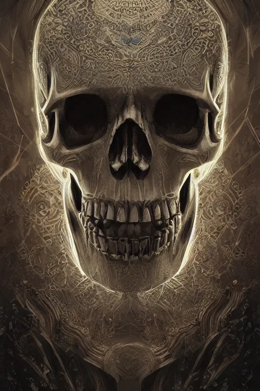 Image similar to concept art skull, the skull is decorated with art deco patterns, close - up portrait, powerfull, intricate, elegant, volumetric lighting, scenery, digital painting, highly detailed, artstation, sharp focus, illustration, concept art, ruan jia, steve mccurry