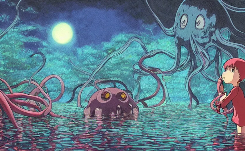 Image similar to a realistic cell - shaded studio ghibli concept art from paprika ( 2 0 0 6 ) of a flying intelligent multi - colored octopus from close encounters of the third kind ( 1 9 7 7 ) and a dimensional portal to another world in a flooded forest valley on a misty starry night. very dull colors, wide shot, hd, 4 k, hq