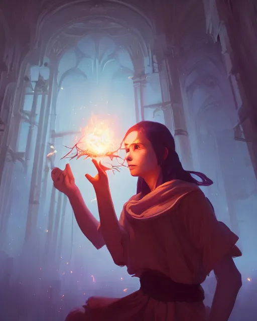 Image similar to highly detailed vfx portrait of a mage casting a light spell, unreal engine, greg rutkowski, loish, rhads, beeple, makoto shinkai and lois van baarle, ilya kuvshinov, rossdraws, tom bagshaw, alphonse mucha, global illumination, detailed and intricate environment