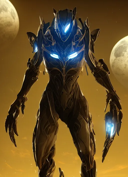 Prompt: warframe!! standing in a field at night, night time, moonlight, dark blue sky, finely illustrated, highly detailed, octane render, glowing bio lights, glowing eyes, good value control, good edge control, anime, animation, watercolor texture, 8 k, segmented armor, segmented organic armor, moody lighting