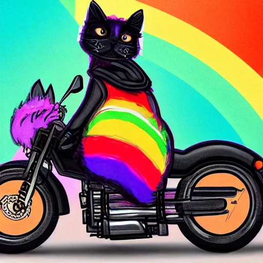 Image similar to wide angle full body, jacket wearing fluffy cute rainbow kitten wearing a black leather motorcycle jacket, riding on a motorcycle, cinematic concept art