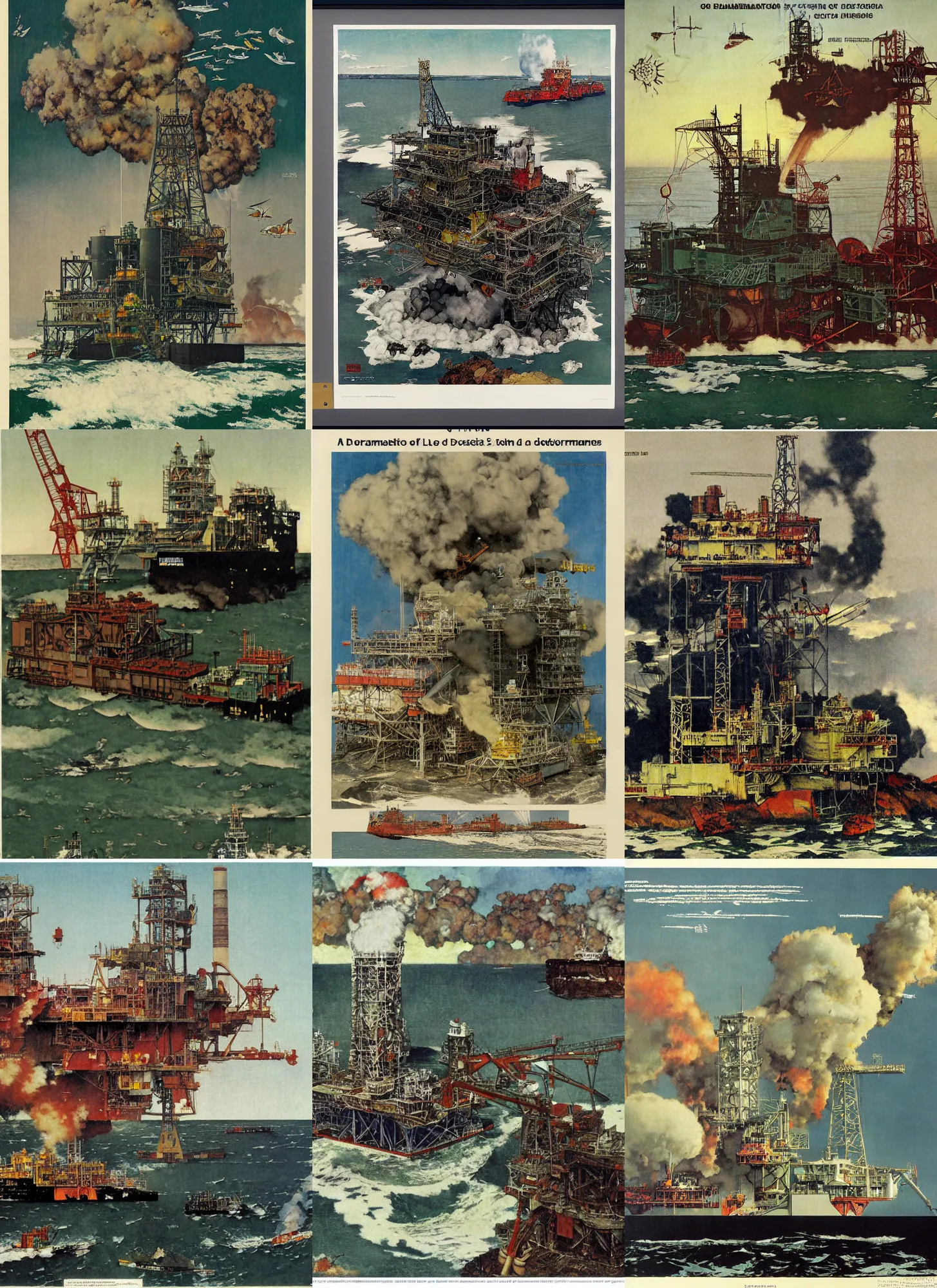 Prompt: a diagram explaining the destruction of a oil platform in the city of mar del plata destroying the ecosystem, derrames petroleros y lobos marinos, humo negro, clean design,, by norman rockwell, 2 4 0 0 dpi,