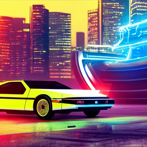 Image similar to digital art of a futuristic neon city sharp photorealistic octane render, bokeh in the background only, a in futuristic delorean hover in the foreground, deep perspective