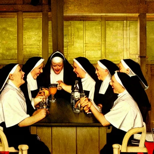 Image similar to a group of nuns enjoying themselves at an adult bar, low light, whiskey bottles, by Norman Rockwell