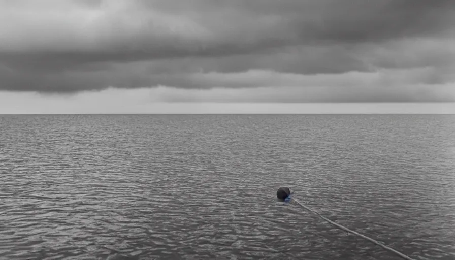 Image similar to photograph of a dark lake, cloudy day, rope floating on or near top of water, snaking towards the center of the lake, anamorphic lens, kodak color film stock